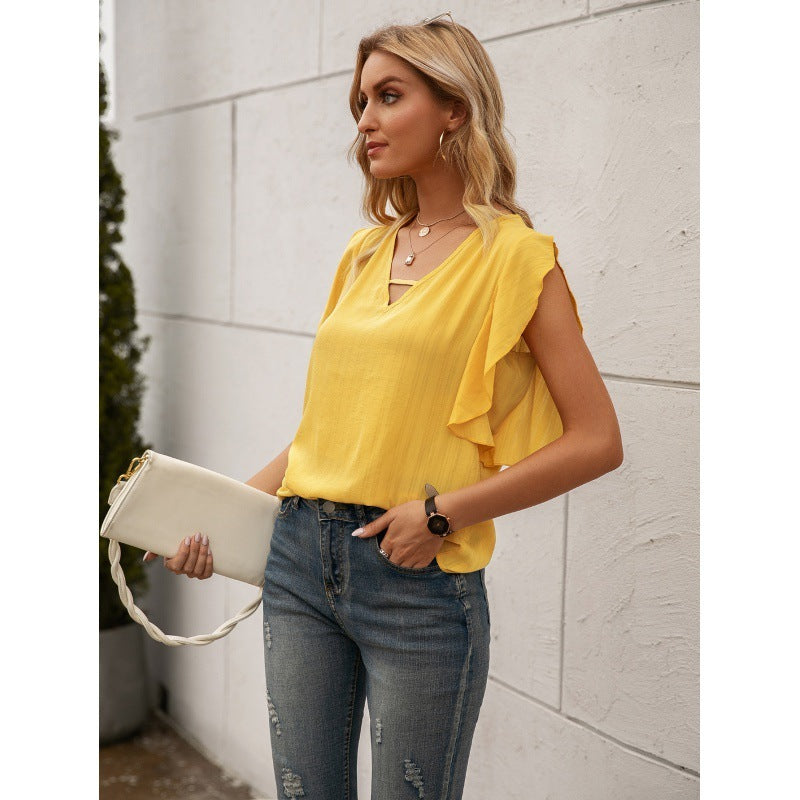 Solid Color Lotus Leaf Sleeve V-neck Shirt