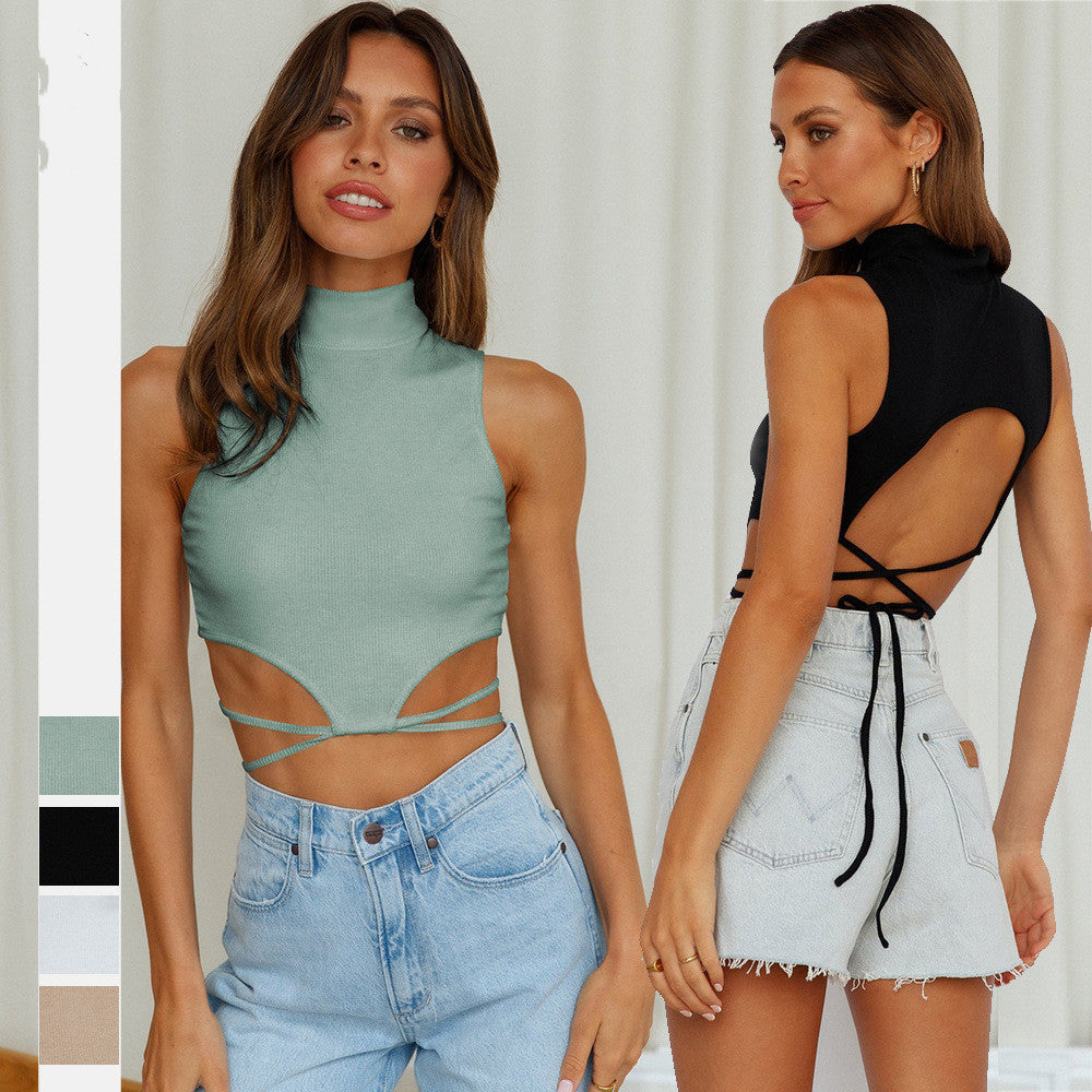 Women's Fashion Navel Tie Slim High Neck Vest