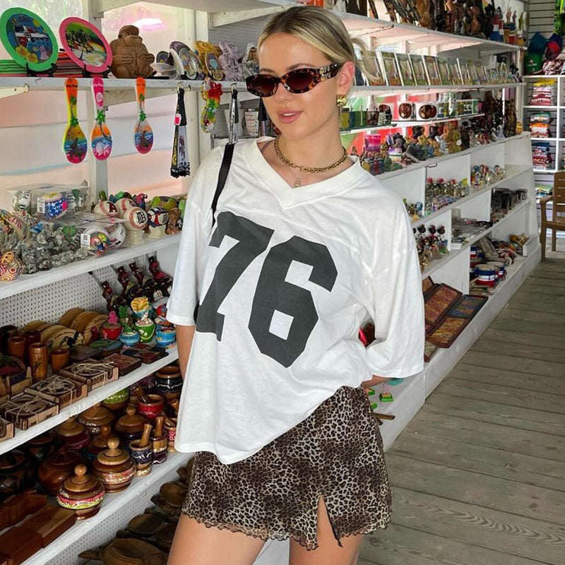 Women's Printed Loose V-neck Short-sleeved T-shirt Casual Top