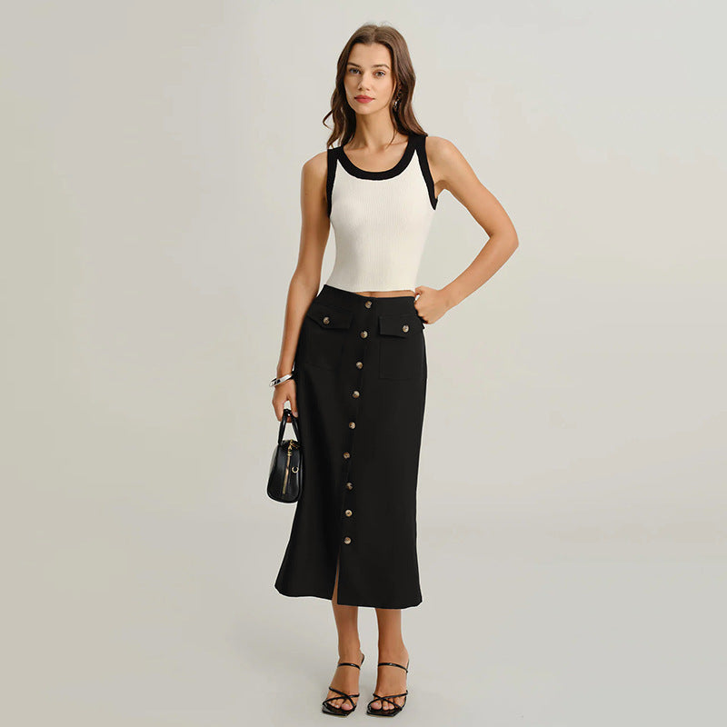Elegant Design Straight Skirt Retro Front Slit Slimming Skirt Women