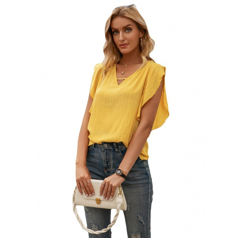 Solid Color Lotus Leaf Sleeve V-neck Shirt