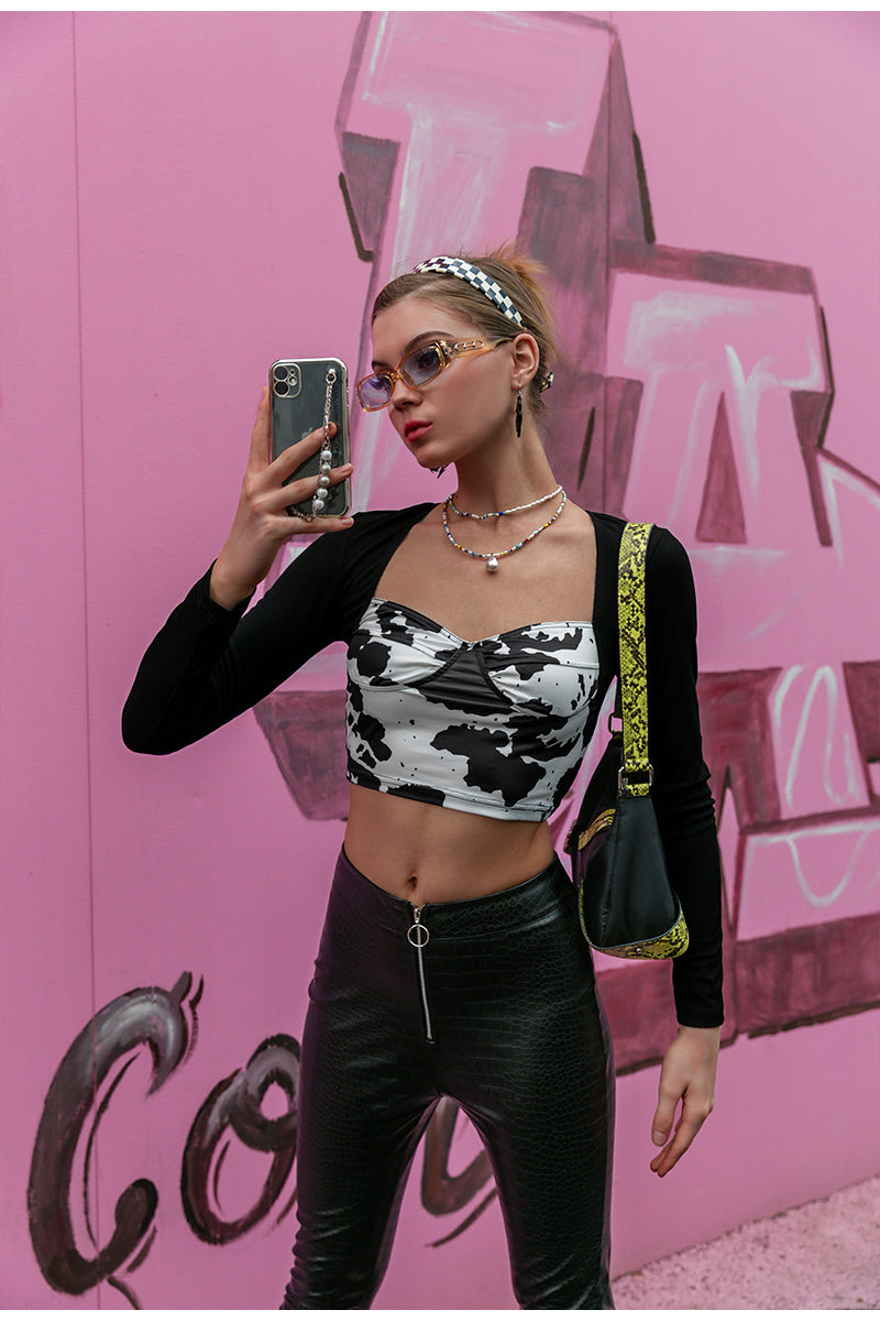 Women's Square Neck Long Sleeve Cow Print Crop Top
