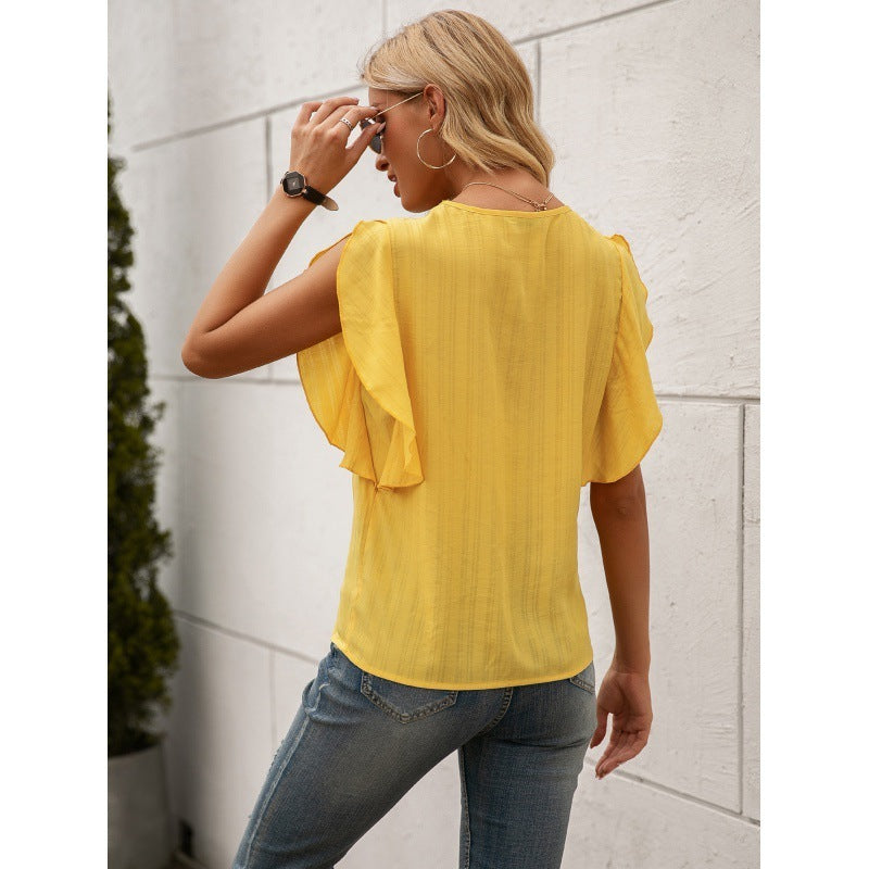 Solid Color Lotus Leaf Sleeve V-neck Shirt