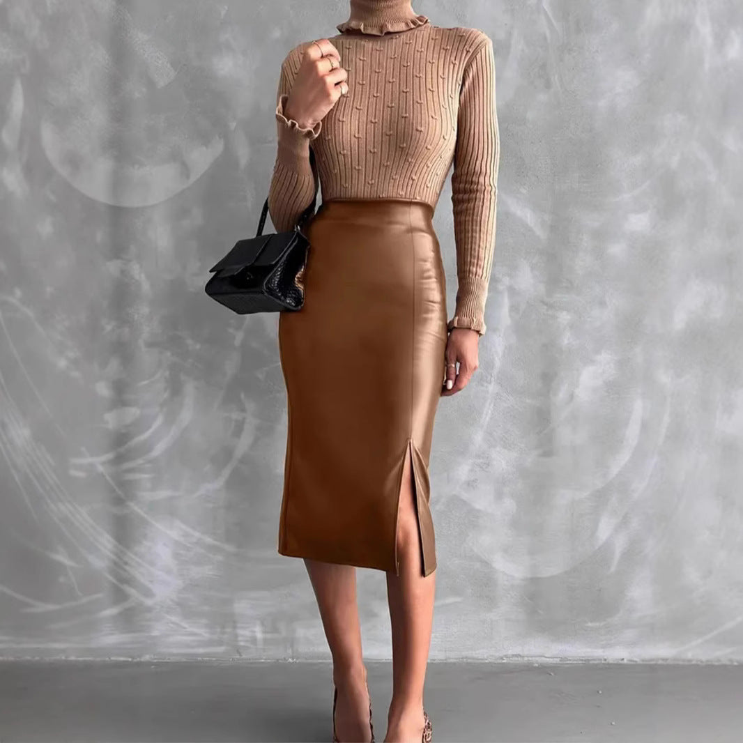 High Waist Slimming All-matching Hip Split PU Leather Skirt
