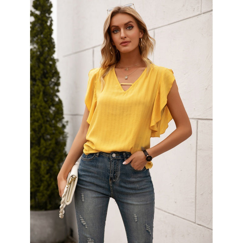Solid Color Lotus Leaf Sleeve V-neck Shirt