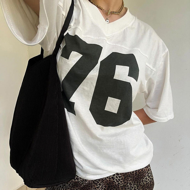 Women's Printed Loose V-neck Short-sleeved T-shirt Casual Top